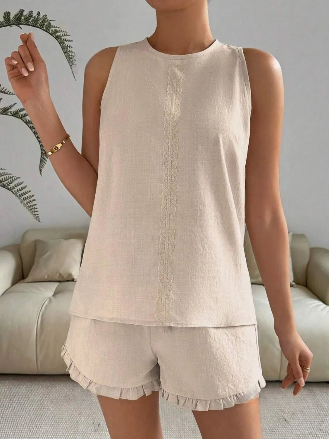 Lace Detail Round Neck Tank and Shorts Set - JUST - JEN BOUTIQUE