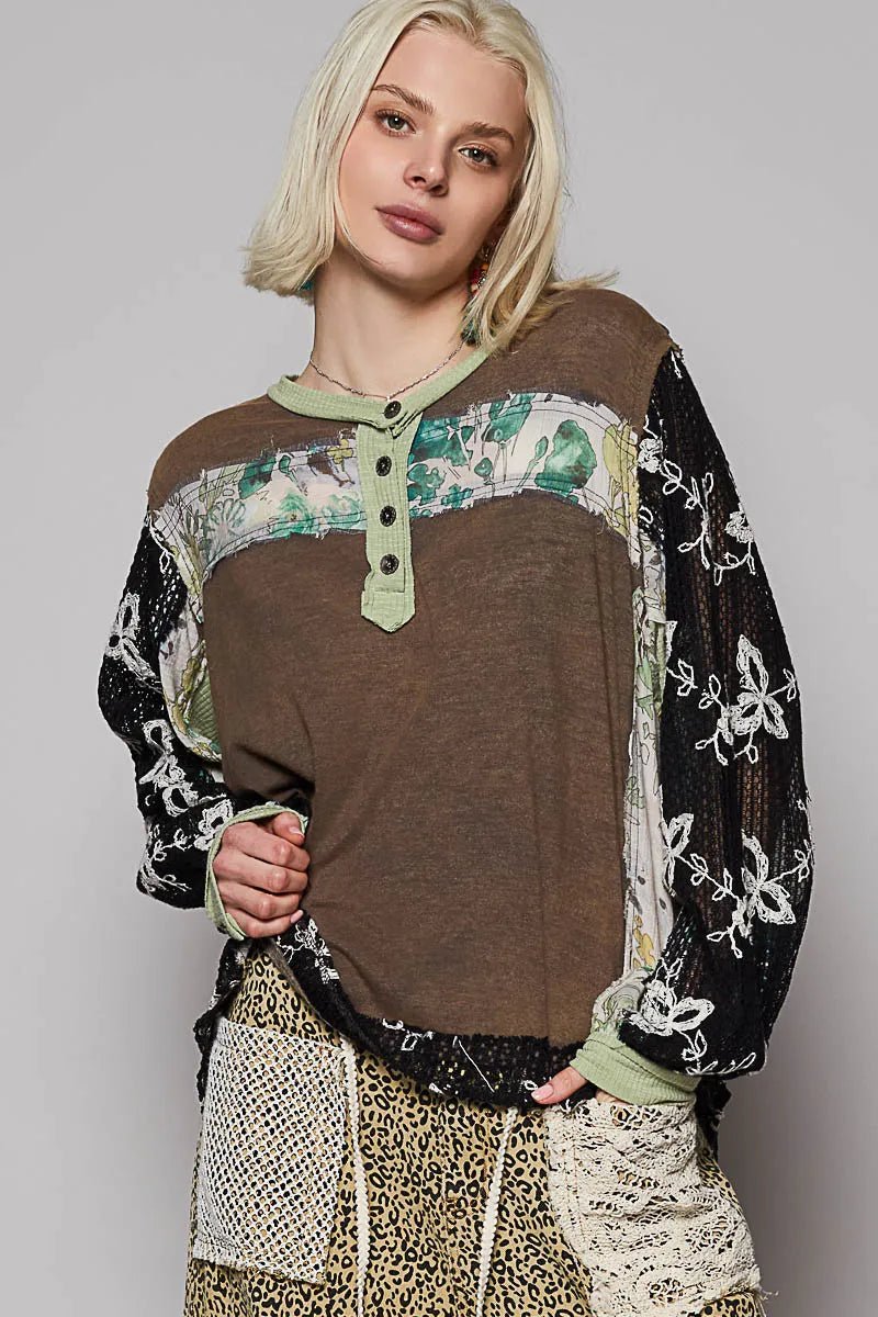POL Button Detail Floral Patchwork Crochet Sleeve Blouse - JUST - JEN BOUTIQUE