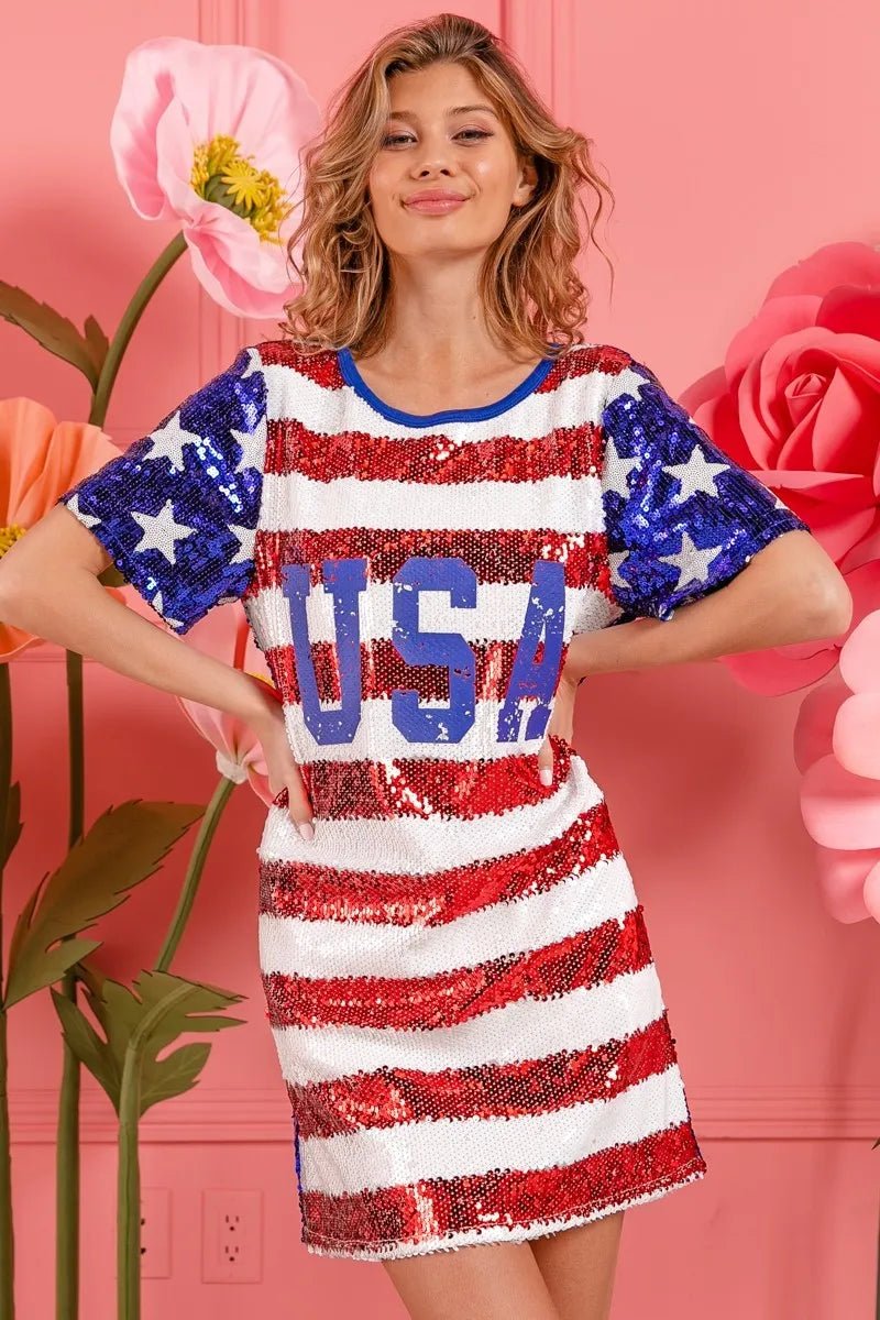 BiBi American Flag Theme Usa Print Sequin Dress - JUST - JEN BOUTIQUE