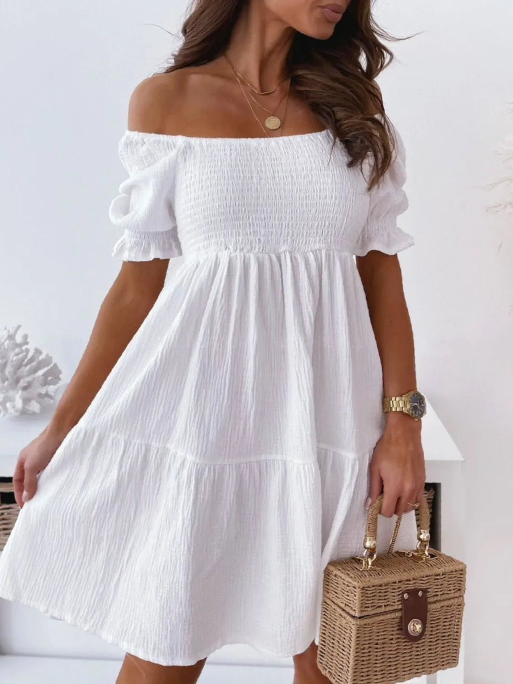 Smocked Off - Shoulder Mini Dress - JUST - JEN BOUTIQUE