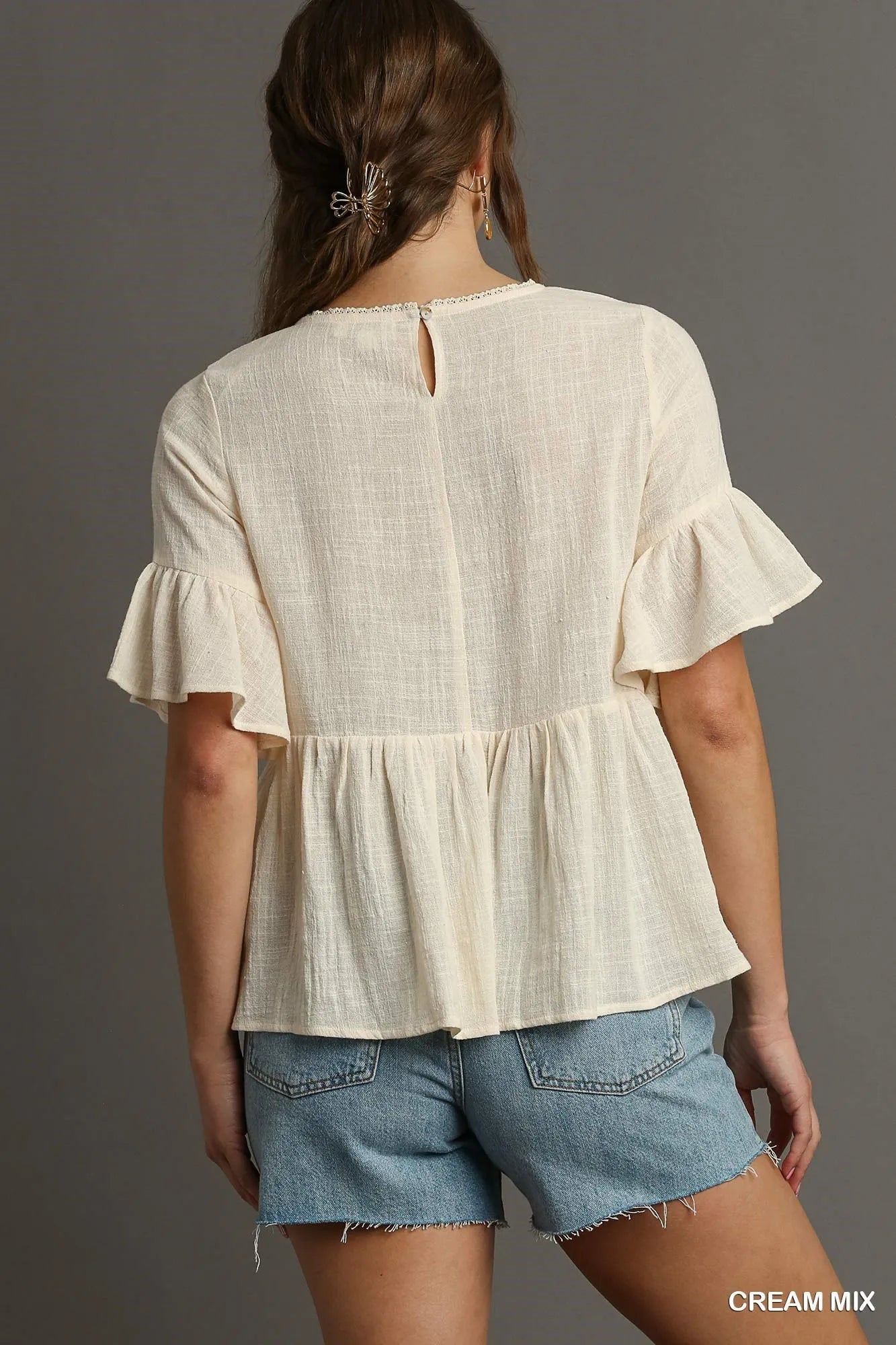 Umgee Floral Lace Trimmed Detail Half Sleeve Babydoll Top - JUST - JEN BOUTIQUE