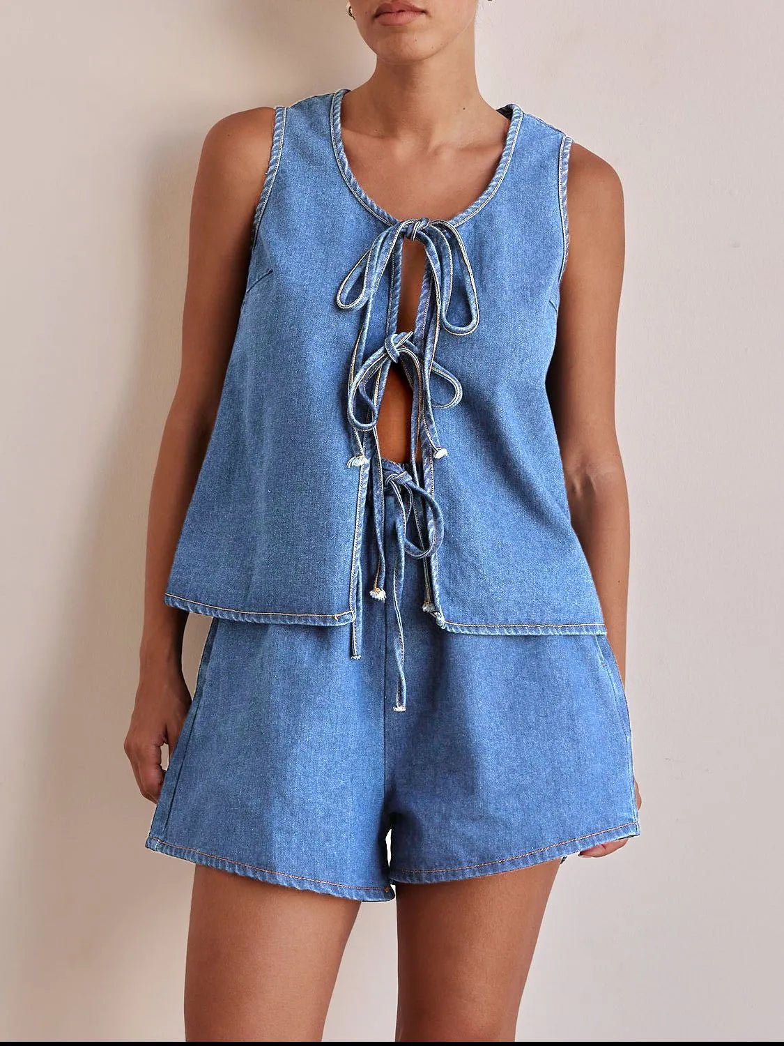 Tie Front Vest and Shorts Denim Set - JUST - JEN BOUTIQUE