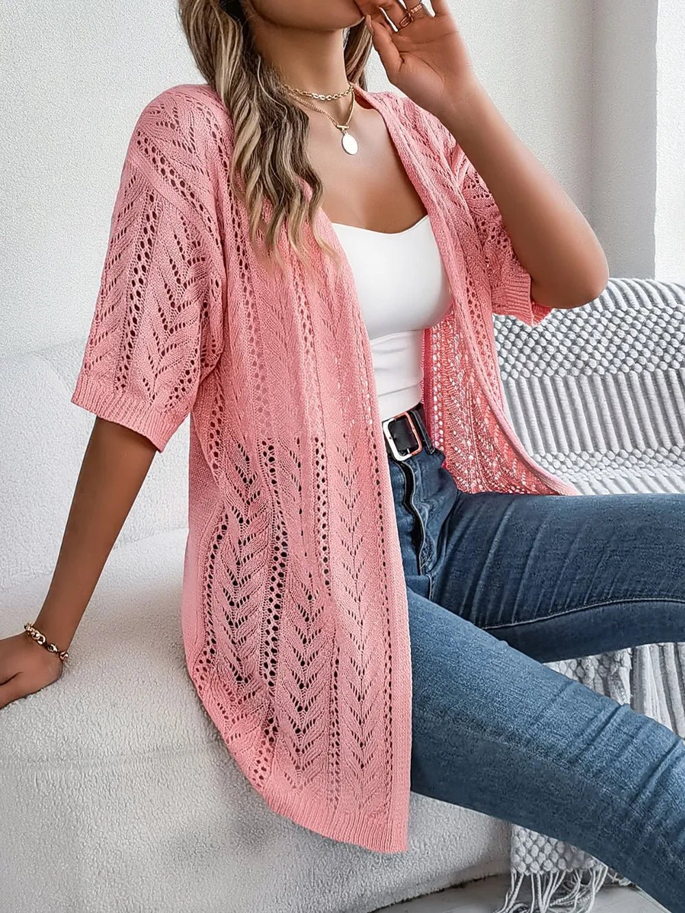 Openwork Open Front Half Sleeve Cardigan - JUST - JEN BOUTIQUE