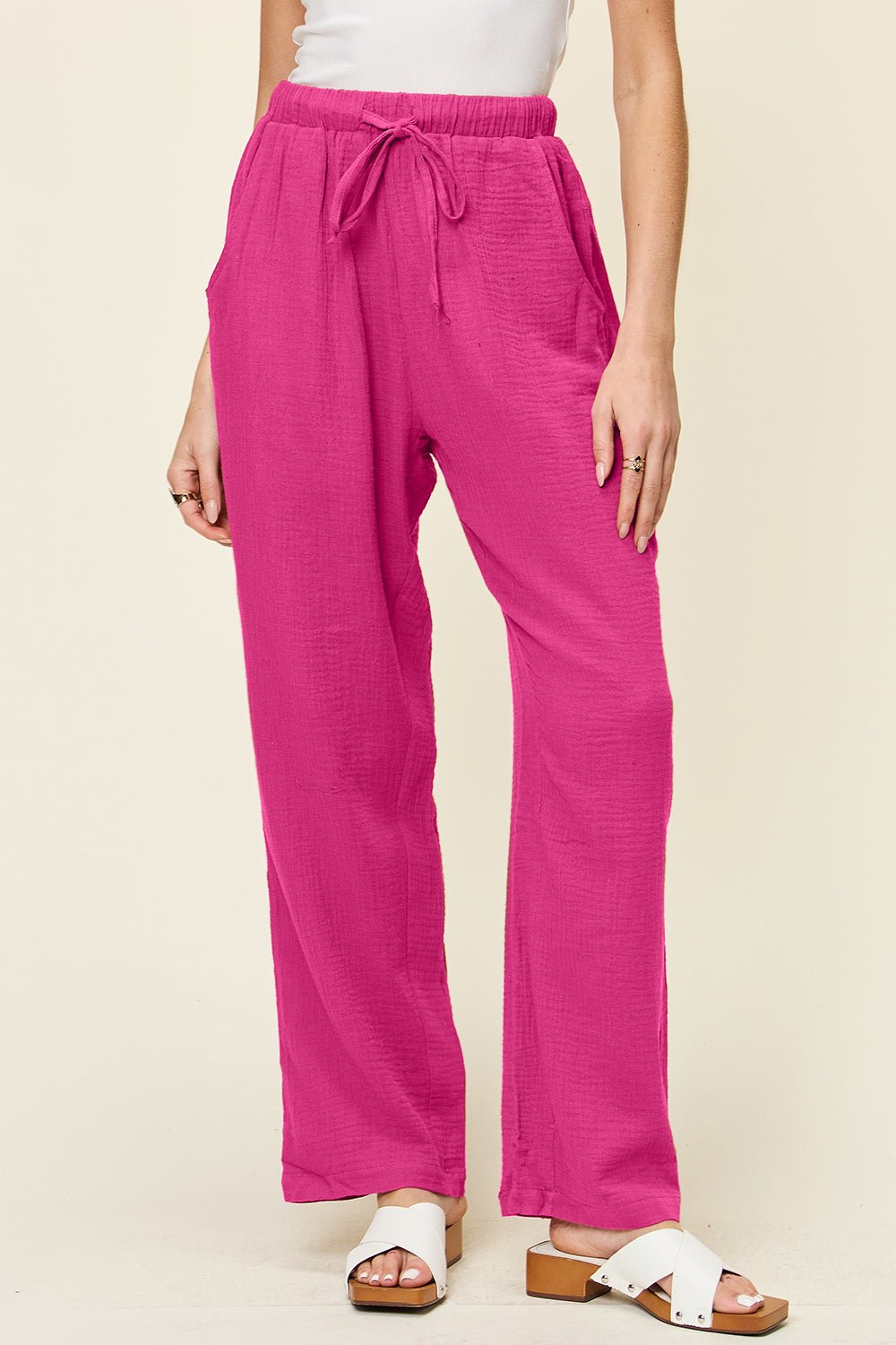 Double Take Full Size Texture Drawstring Straight Pants - JUST - JEN BOUTIQUE