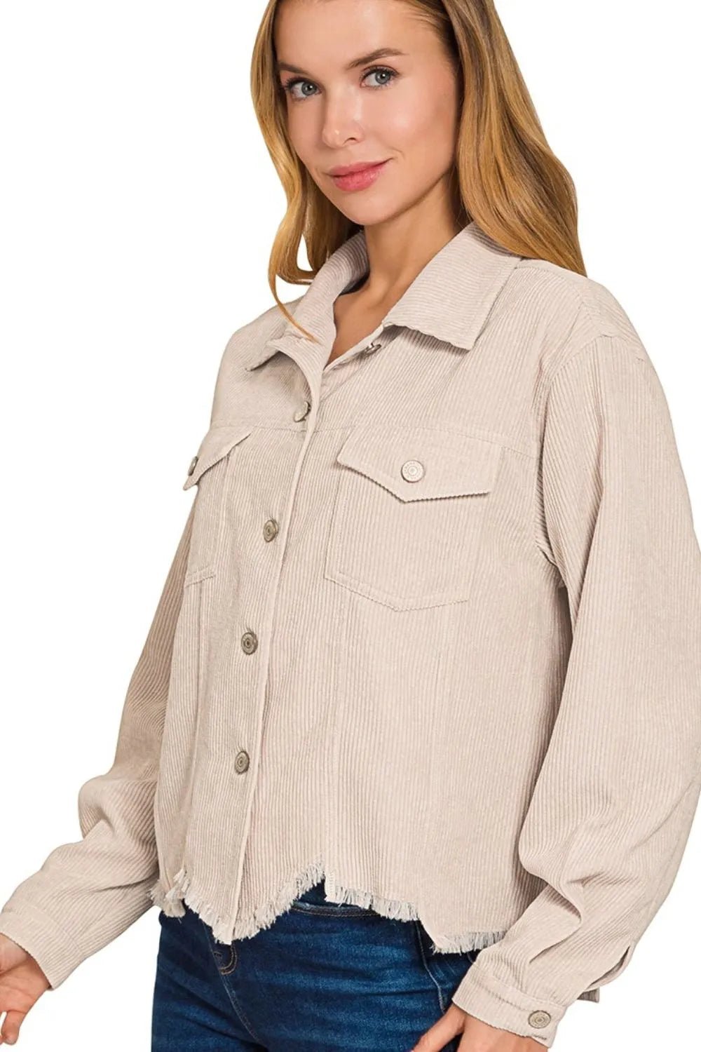 Zenana Distressed Corduroy Frayed Hem Cropped Jacket - JUST - JEN BOUTIQUE