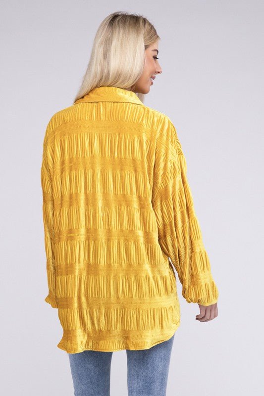 Wrinkle Effect Tiered Shirring Velvet Shirt - JUST - JEN BOUTIQUE