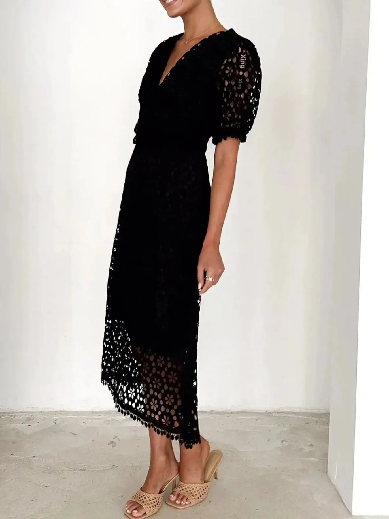 Eyelet Lace V - Neck Midi Dress with Puff Sleeves - JUST - JEN BOUTIQUE