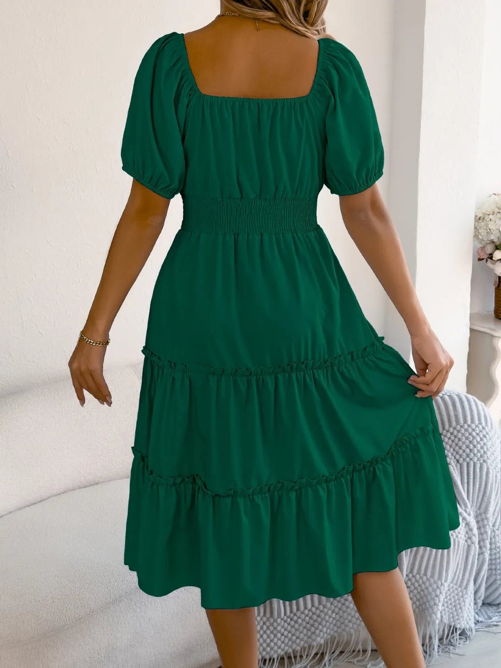 Square Neck Short Puff Sleeve Dress - JUST - JEN BOUTIQUE