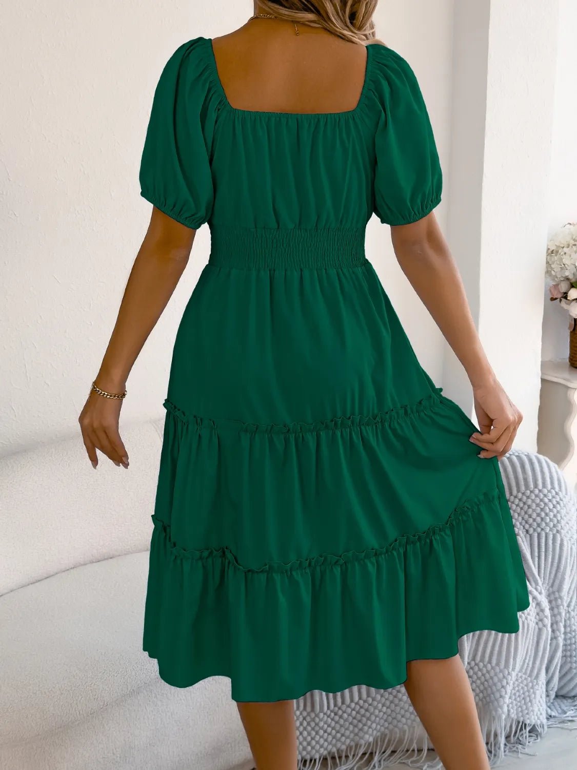 Square Neck Short Puff Sleeve Dress - JUST - JEN BOUTIQUE
