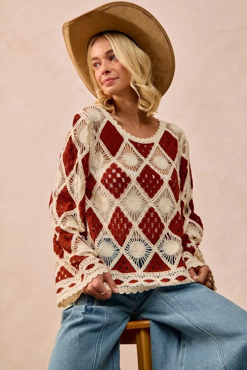 BiBi Diamond Crochet Knit Top - JUST - JEN BOUTIQUE