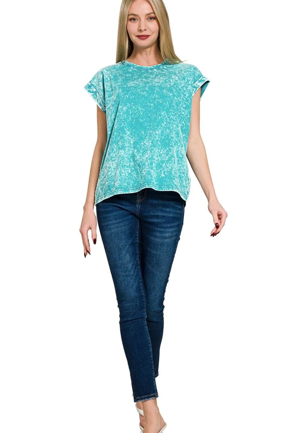 Zenana Crinkle Washed Round Neck Folded Short Sleeve Tee - JUST - JEN BOUTIQUE