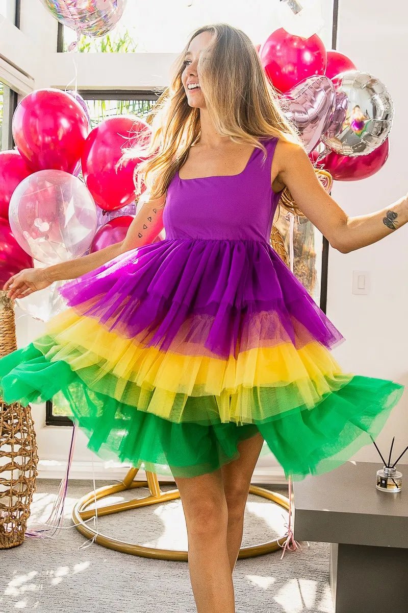 BiBi Mardi Gras Color Block Layered Mesh Tiered Dress - JUST - JEN BOUTIQUE