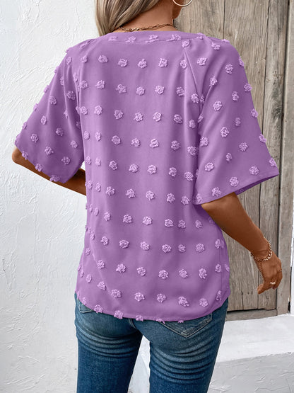 Ivy Lane Swiss Dot Notched Half Sleeve Blouse