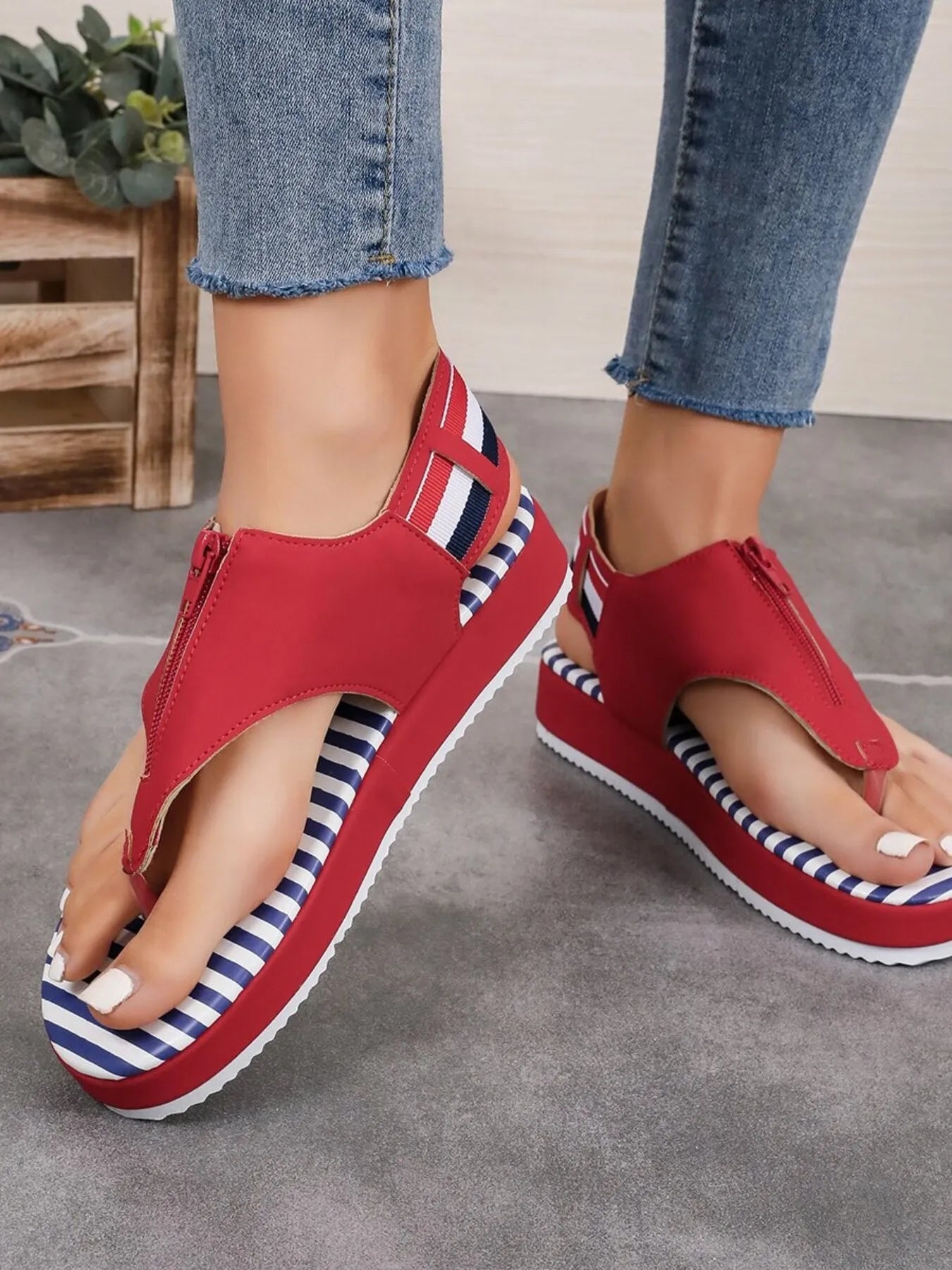 Striped Platform Toe Post Sandals - JUST - JEN BOUTIQUE
