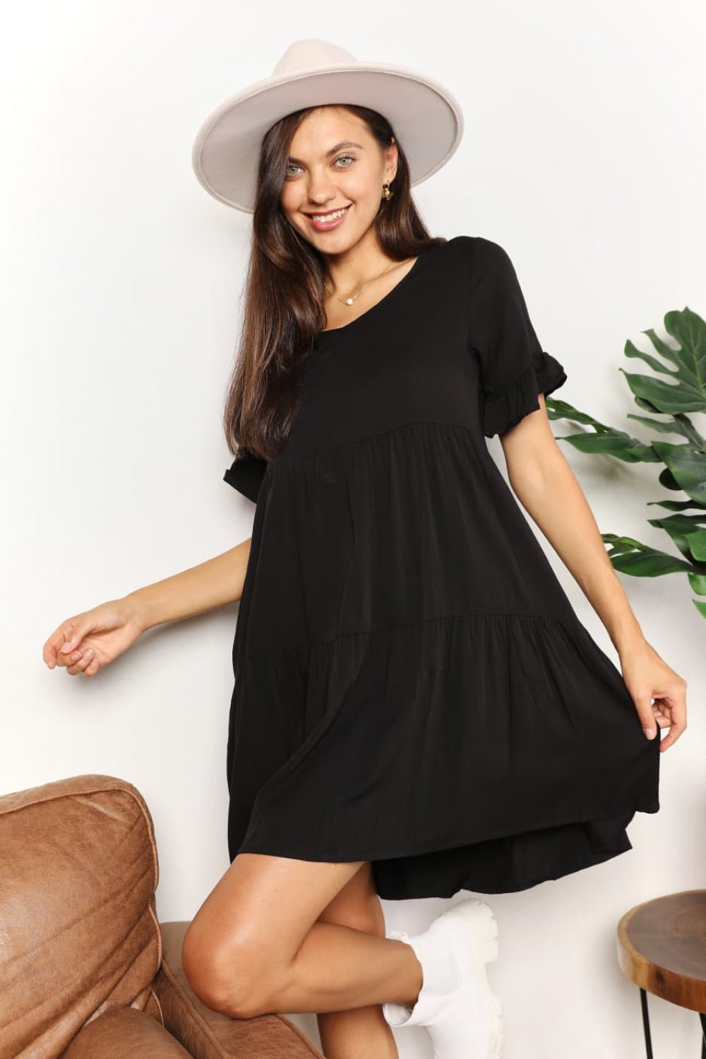Mandy V - Neck Flounce Sleeve Tiered Dress - JUST - JEN BOUTIQUE