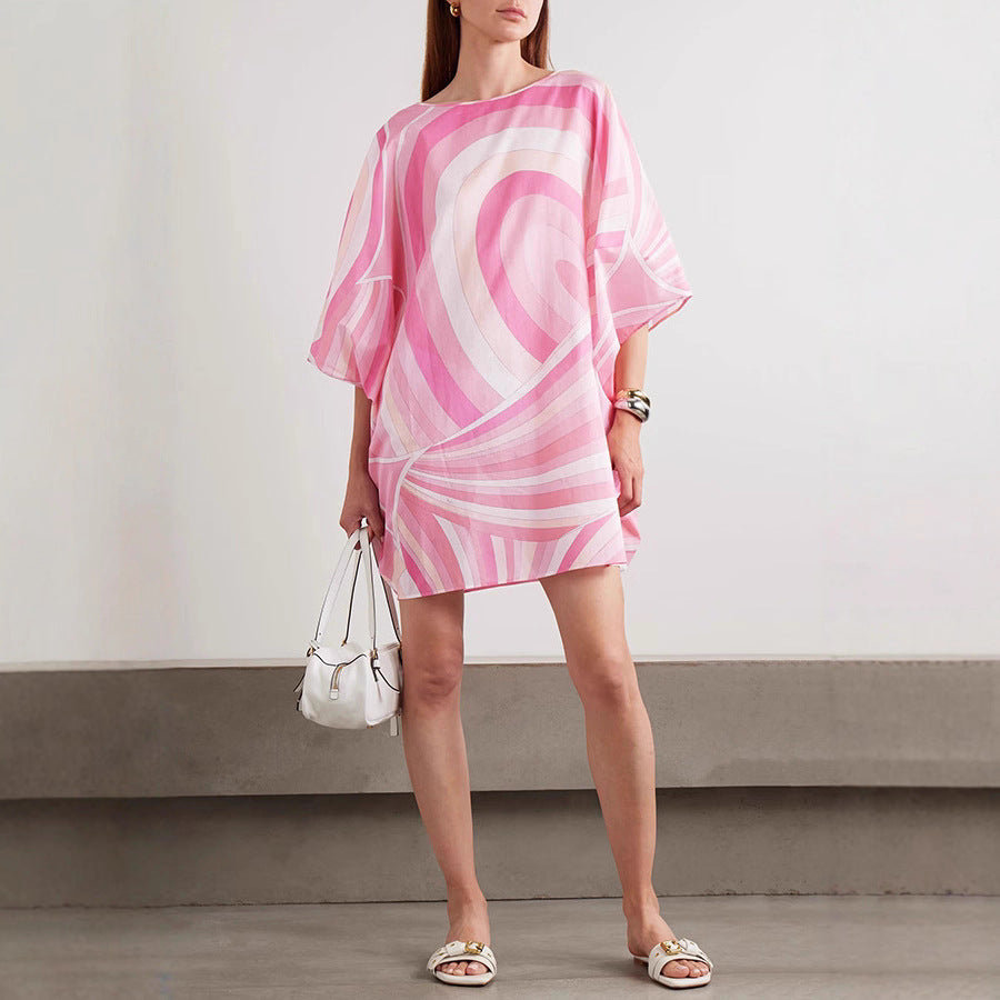 Women's Color Block A-Line Mini Dress – 3/4 Sleeve Round Neck Casual Swing Dress
