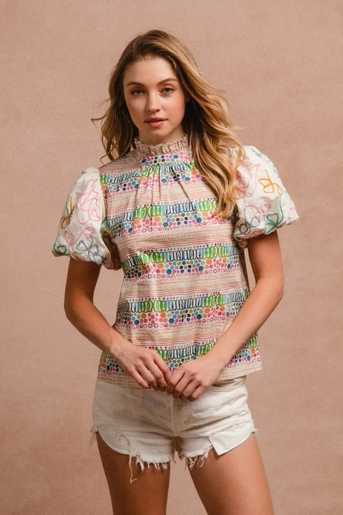 BiBi Ruffle Neckline Blouse With Embroidery Bubble Sleeve - JUST - JEN BOUTIQUE
