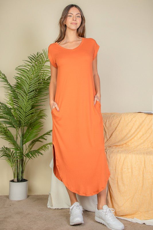 Hidden Pocket Batwing Sleeve V Neck Long Dress - JUST - JEN BOUTIQUE