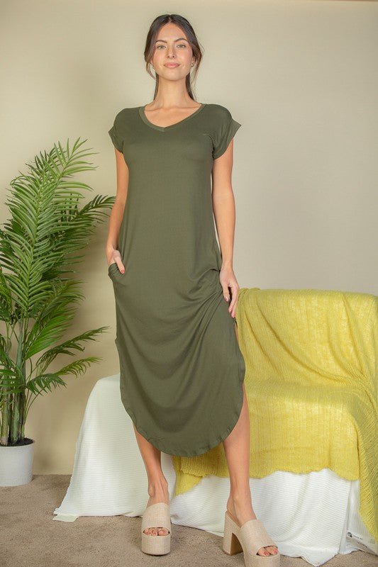 Hidden Pocket Batwing Sleeve V Neck Long Dress - JUST - JEN BOUTIQUE