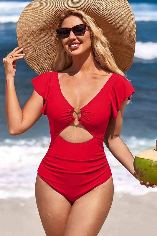 Ruffle O - Ring Cutout One Piece Bathing Suit - JUST - JEN BOUTIQUE