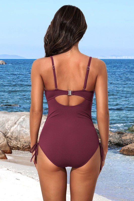 Ribbed Tie Side High Cut Twist Front Bathing Suit - JUST - JEN BOUTIQUE
