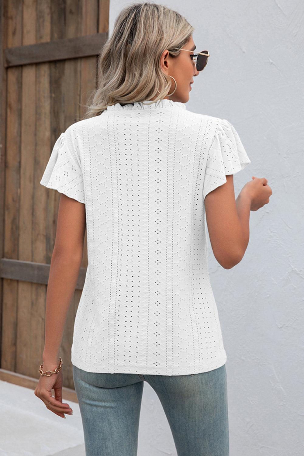 Eyelet Notched Flutter Sleeve T-Shirt