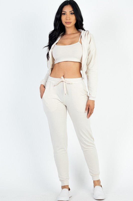 Cropped Cami with Zip - up Jacket and Joggers Set - JUST - JEN BOUTIQUE