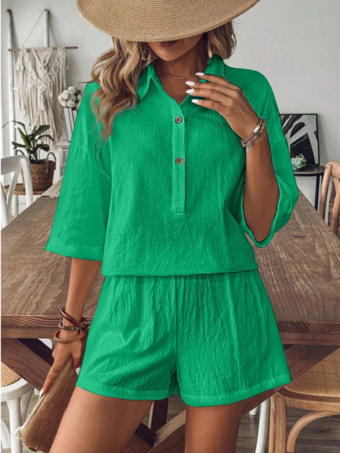 Collared Neck Half Sleeve Top and Shorts Set - JUST - JEN BOUTIQUE