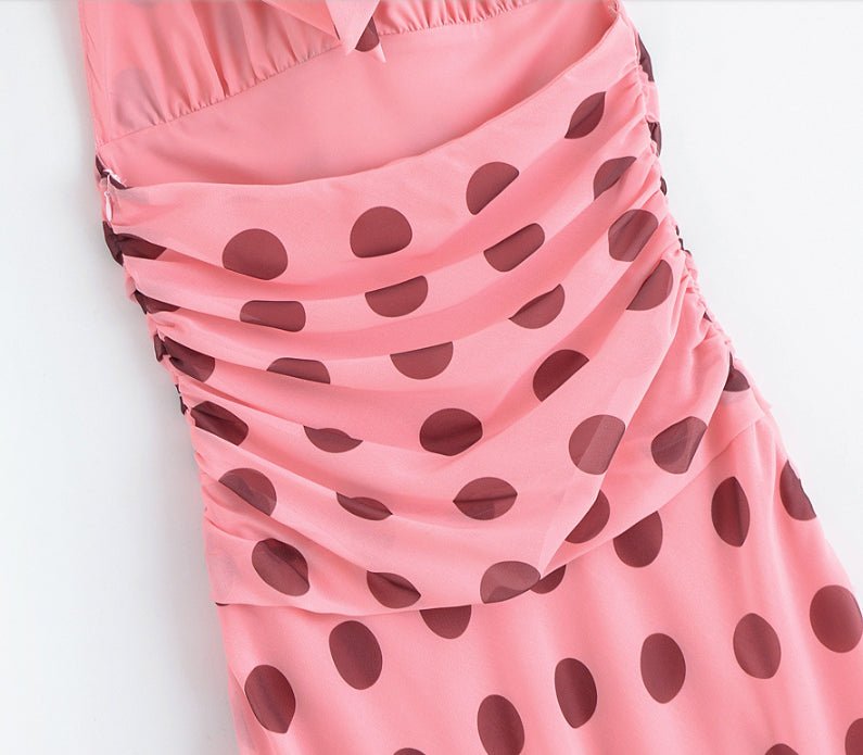 Women's European and American style backless hanging neck pleated long polka dot dress