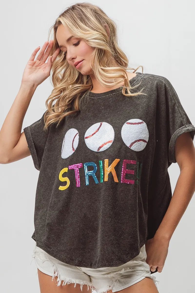BiBi Sequin Baseballs Strike Washed Short Sleeve Top - JUST - JEN BOUTIQUE