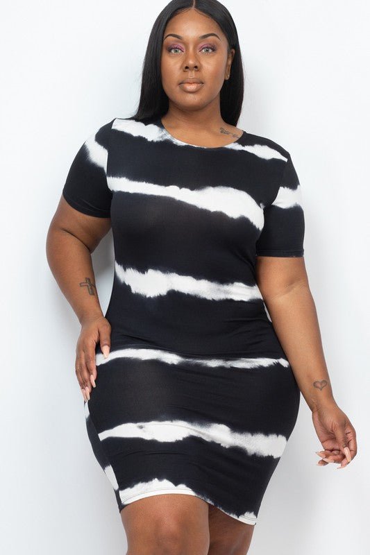 PLUS Size Stripe Tie - Dye Printed Midi Dress - JUST - JEN BOUTIQUE