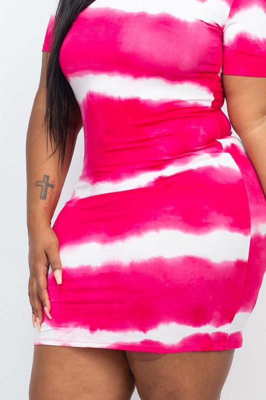 PLUS Size Stripe Tie - Dye Printed Midi Dress - JUST - JEN BOUTIQUE