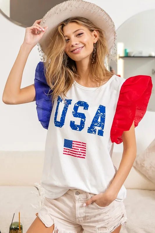 BiBi USA Theme Color Block Organza Ruffle Sleeve Top - JUST - JEN BOUTIQUE