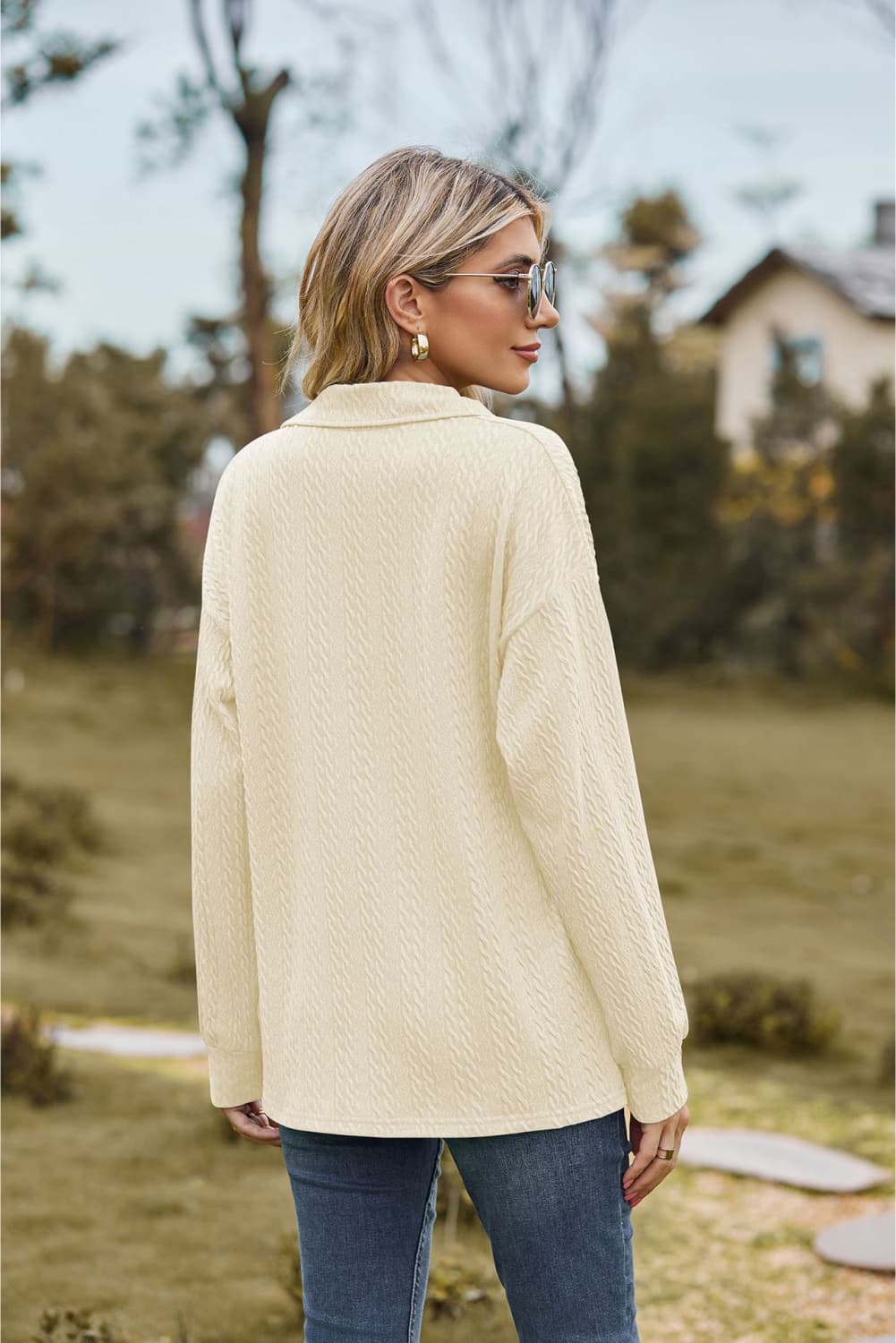 Collared Neck Cable - Knit Long Sleeve Blouse - JUST - JEN BOUTIQUE