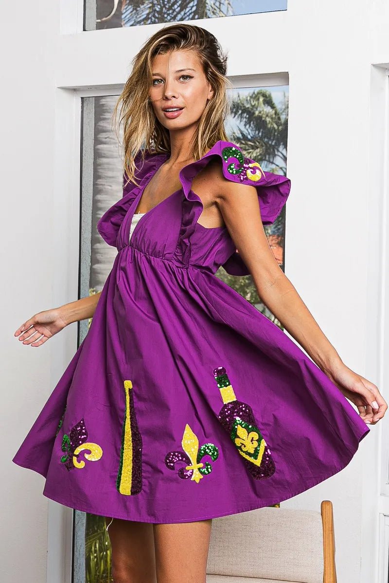 BiBi Mardi Gras Sequin Embroidery Ruffled Dress - JUST - JEN BOUTIQUE