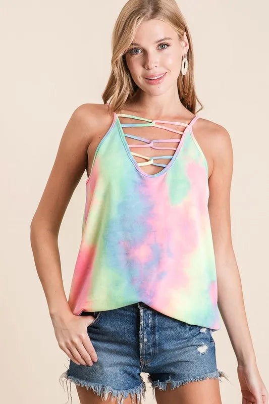 BiBi Tie Dye Terry Caged Neck Knit Camisole - JUST - JEN BOUTIQUE
