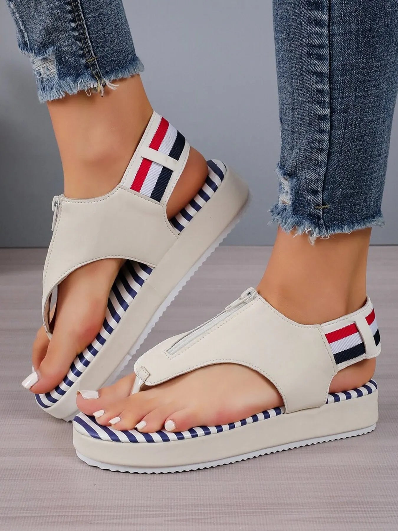 Striped Platform Toe Post Sandals - JUST - JEN BOUTIQUE