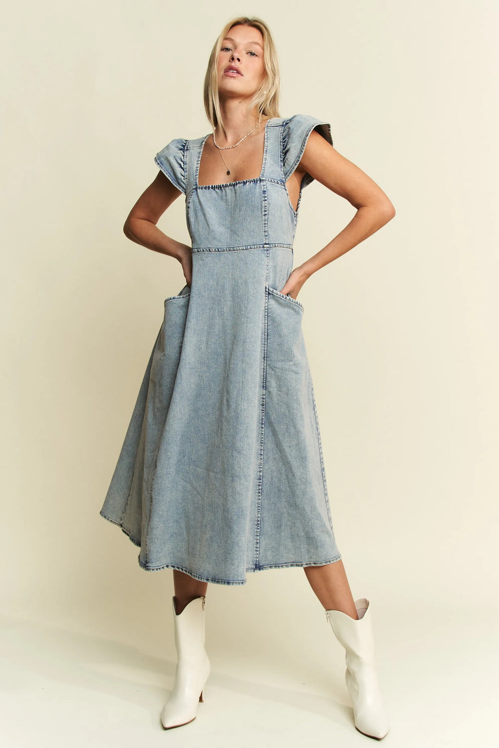 Jade By Jane Full Size Ruffled Denim Midi Dress Plus Size - JUST - JEN BOUTIQUE