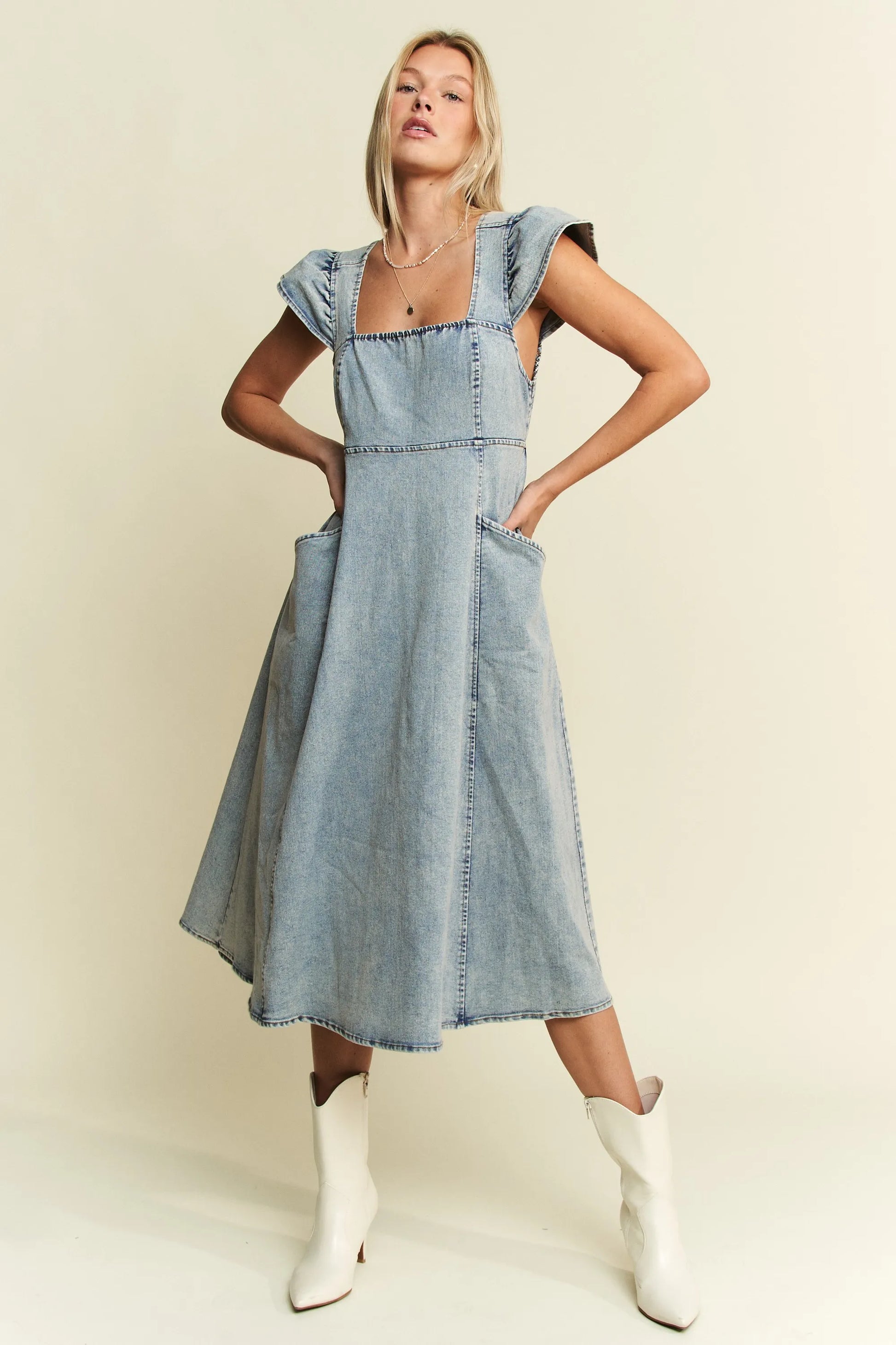 Jade By Jane Full Size Ruffled Denim Midi Dress Plus Size - JUST - JEN BOUTIQUE