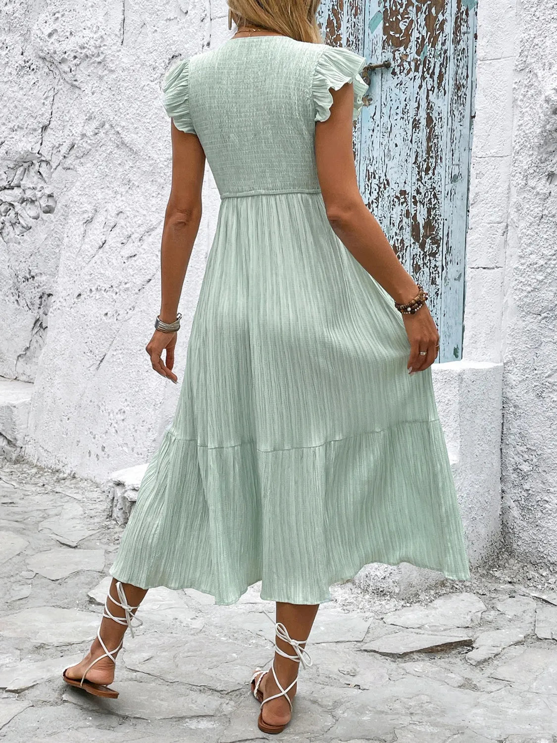 V - Neck Ruffled Cap Sleeve Dress - JUST - JEN BOUTIQUE