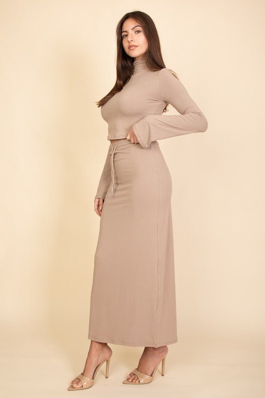 Mock Neck Bell Sleeve Crop Top & Maxi Skirt Set - JUST - JEN BOUTIQUE
