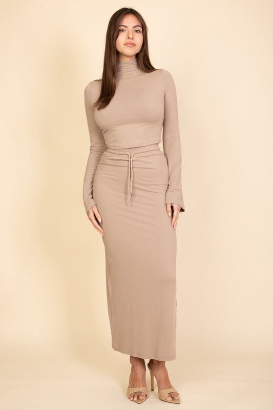 Mock Neck Bell Sleeve Crop Top & Maxi Skirt Set - JUST - JEN BOUTIQUE