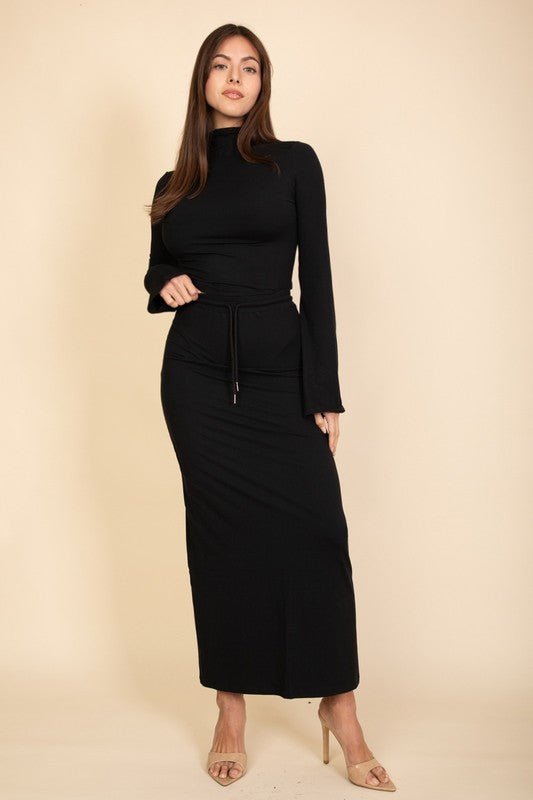 Mock Neck Bell Sleeve Crop Top & Maxi Skirt Set - JUST - JEN BOUTIQUE