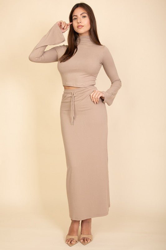 Mock Neck Bell Sleeve Crop Top & Maxi Skirt Set - JUST - JEN BOUTIQUE