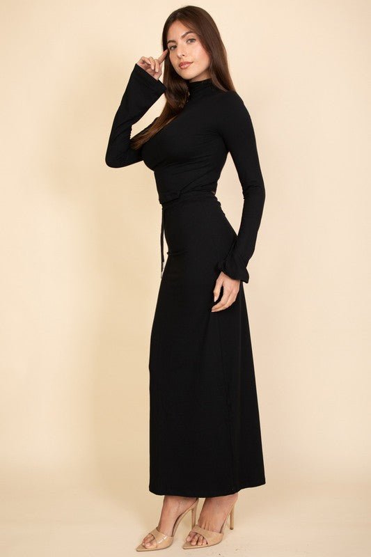 Mock Neck Bell Sleeve Crop Top & Maxi Skirt Set - JUST - JEN BOUTIQUE