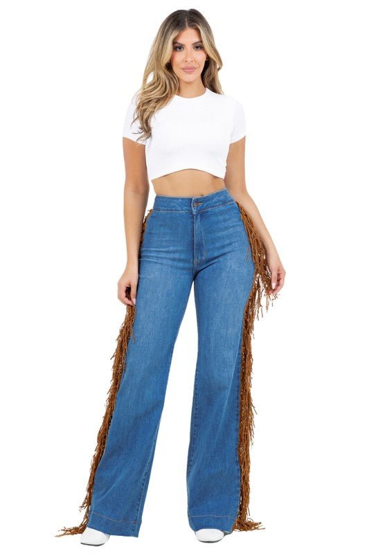 Harley Wide Leg Fringe in Medium Wash - JUST - JEN BOUTIQUE