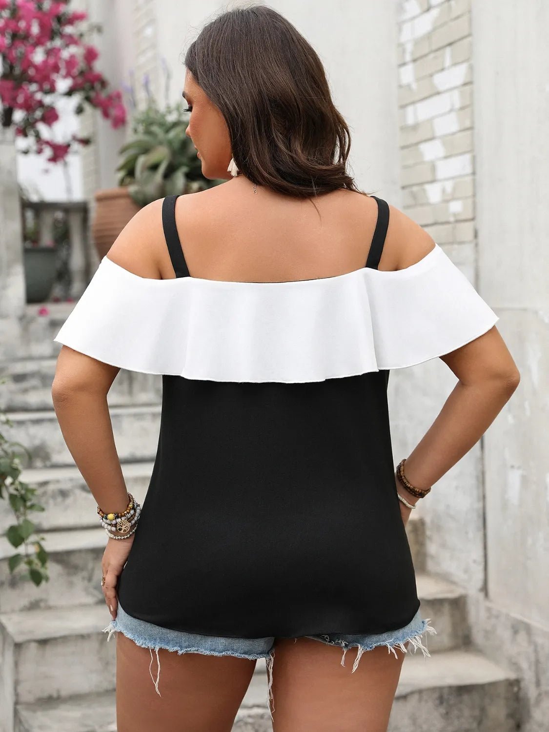 Plus Size Ruffled Contrast Short Sleeve Blouse - JUST - JEN BOUTIQUE