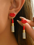 Stainless Steel Resin Lips Lipstick Rhinestone Earrings - JUST - JEN BOUTIQUE