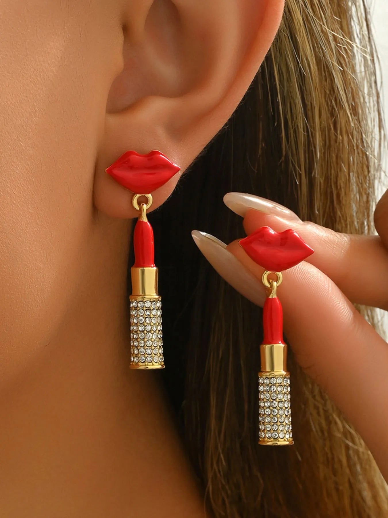 Stainless Steel Resin Lips Lipstick Rhinestone Earrings - JUST - JEN BOUTIQUE