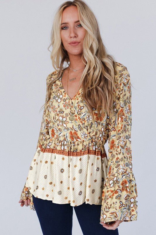Floral V Neck Wrapped Contrast Peplum Blouse - JUST - JEN BOUTIQUE